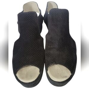 Fly London Biga Wedge Women's Suede Black Peep-Toe Sandals Sz 10 EU 41